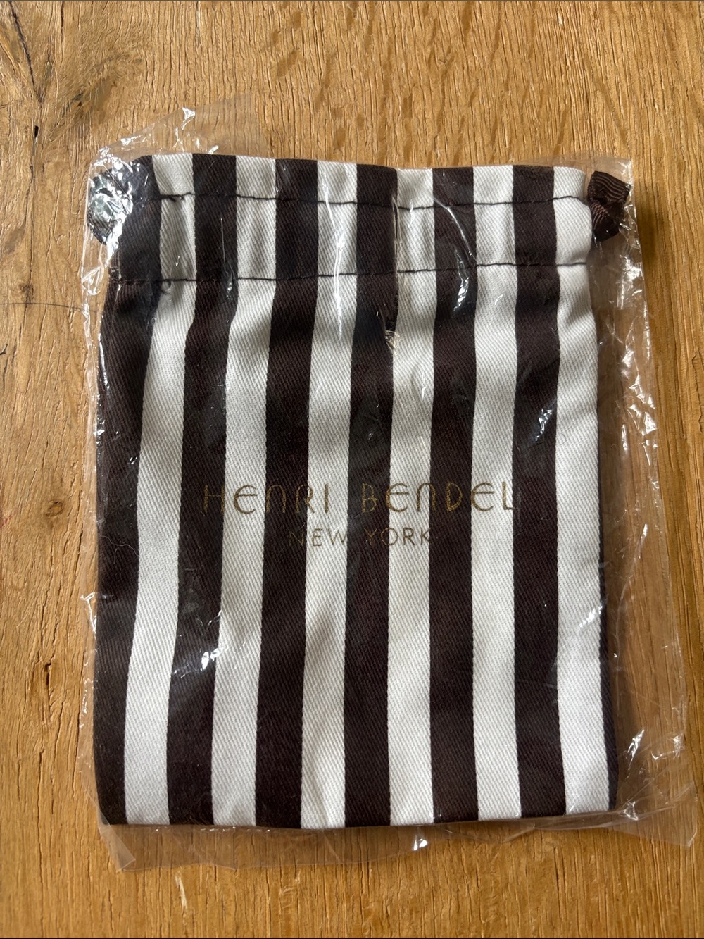 henri bendel Brown & Cream Striped Logo Drawstring Pouch